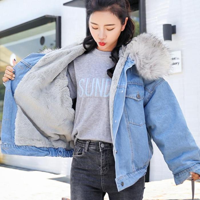 Winter Denim Jacket Fashion Blue Jeans Jacket Coat Fur Collar Oversize Outwear