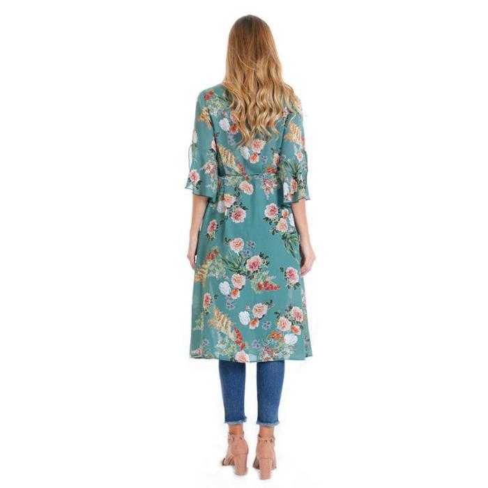 Female European And American Printed Chiffon Bat Sun Protective Cardigan