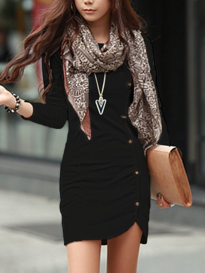 Round Neck Plain Decorative Button Slit Bodycon Dresses