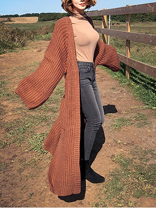 Fashion Pure Colour Warm Belted Knitted Coat