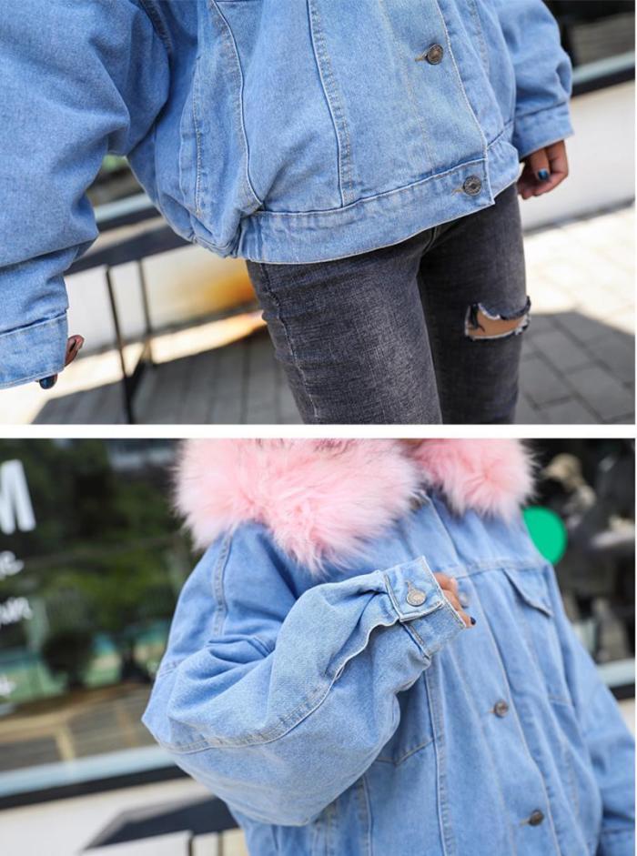 Winter Denim Jacket Fashion Blue Jeans Jacket Coat Fur Collar Oversize Outwear