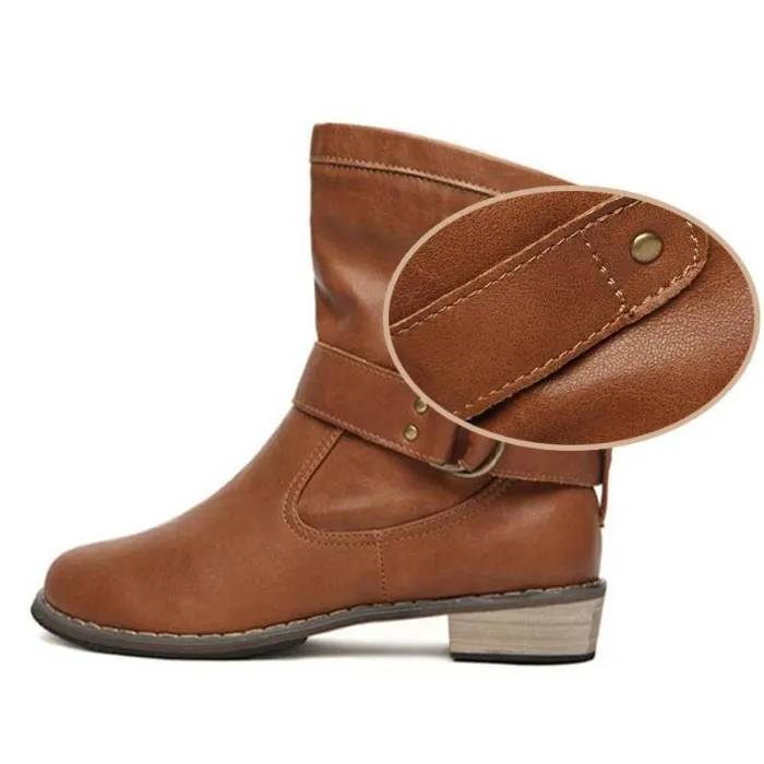 Buckle Strap Boots Women Mid-Calf Shoes