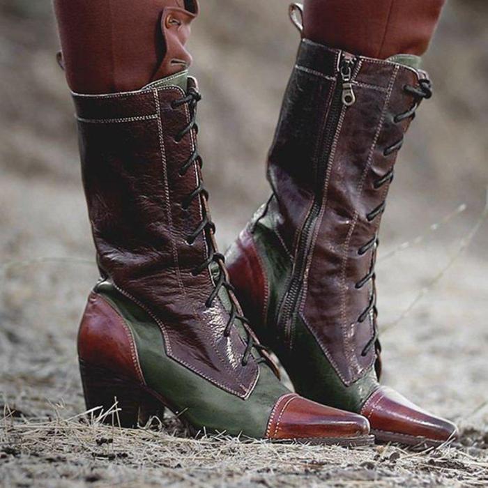 Plus Size Viantage Leather Lace Up Chunky Heel Boots