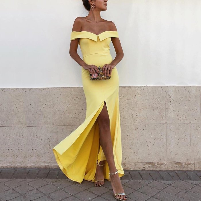 Sexy Yellow Off Shoulder Short Sleeves Fishtail Bodycon Dress