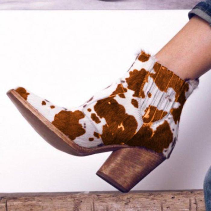 Leopard PU artificial leather chunky heel boots