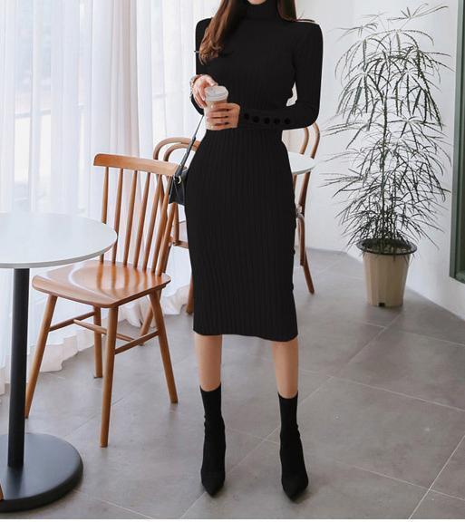 Casual Sexy High   Collar Pure Color Knitted Sweater Maxi Dresses