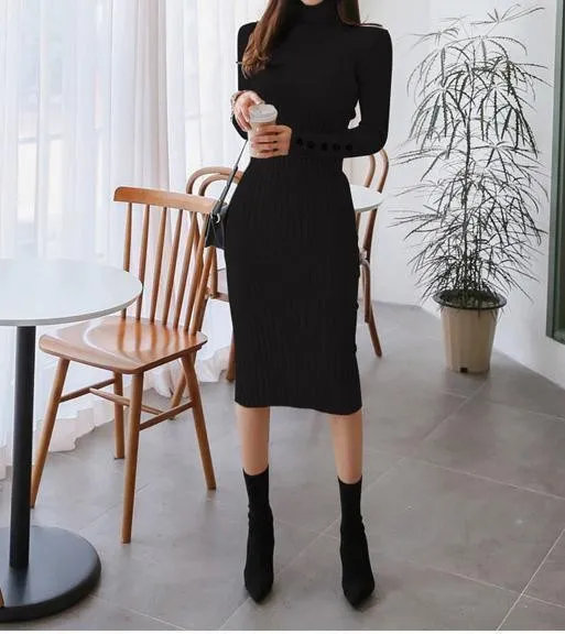 Casual Sexy High   Collar Pure Color Knitted Sweater Maxi Dresses