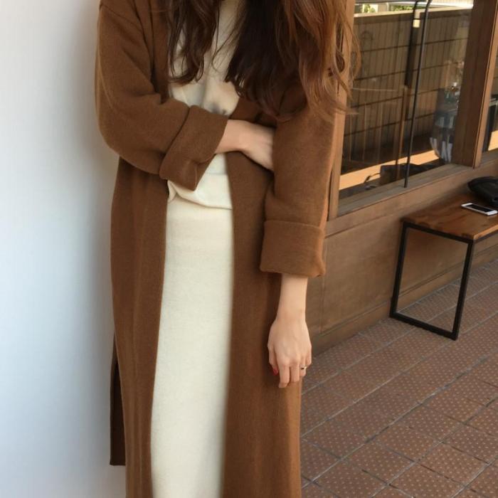 Fashion Frenulum Long Knitted Sweater Cardigan Coat