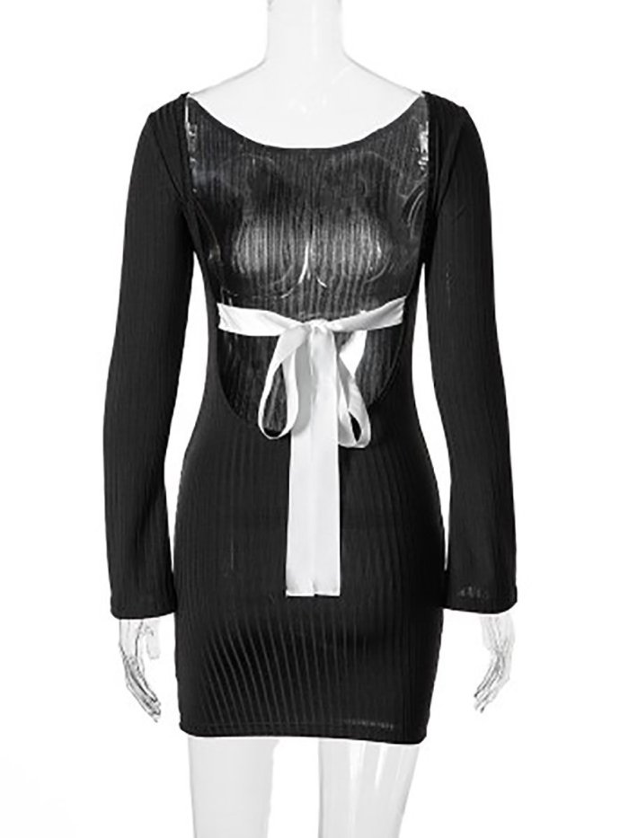 Round Neck  Backless Bowknot Cutout  Plain Bodycon Dresses
