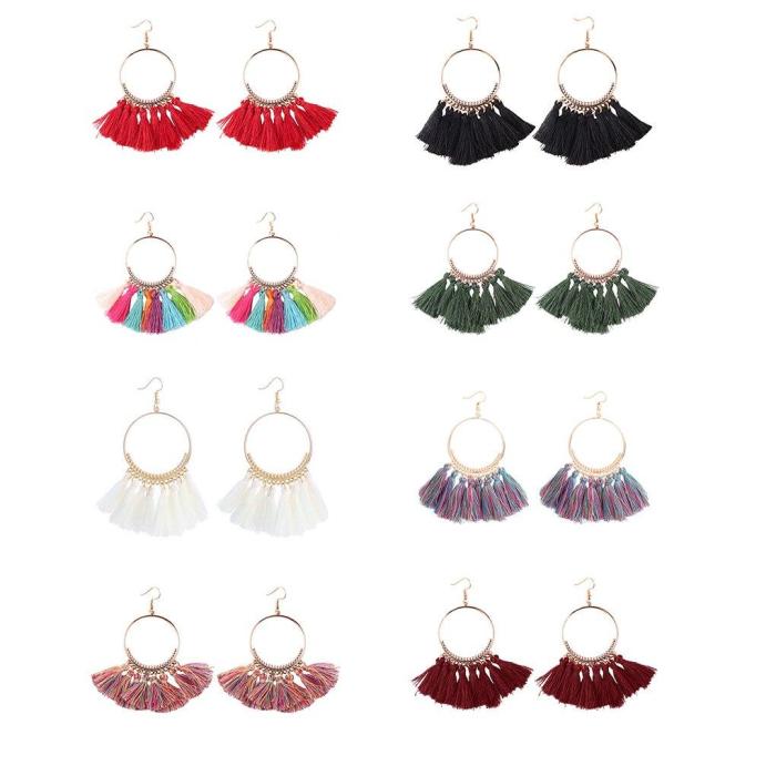 Bohemia Style Colorful Thread Tassel Pendants Big Round Hoop Earring