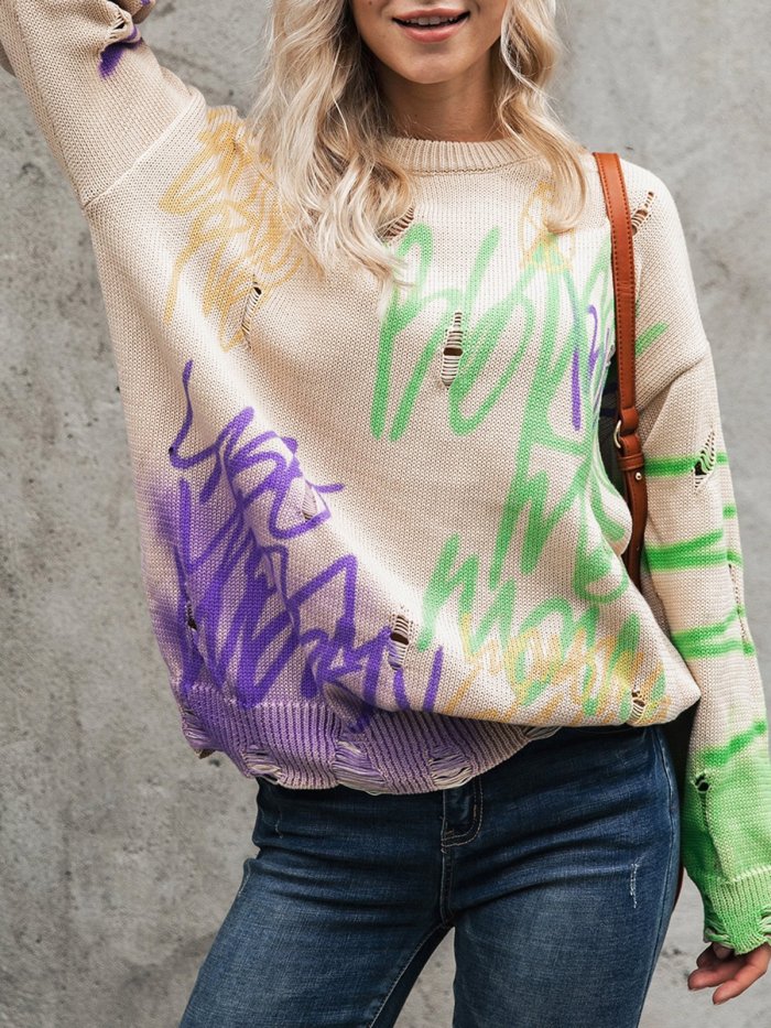 Long Sleeve Shift Color-Block Crew Neck Sweater