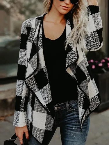 Autumn & Winter New Plaid Loose Turn-down Collar Long Sleeve Woolen Coat Outwear