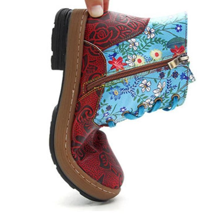 Ethnic style flower flat with zipper boots