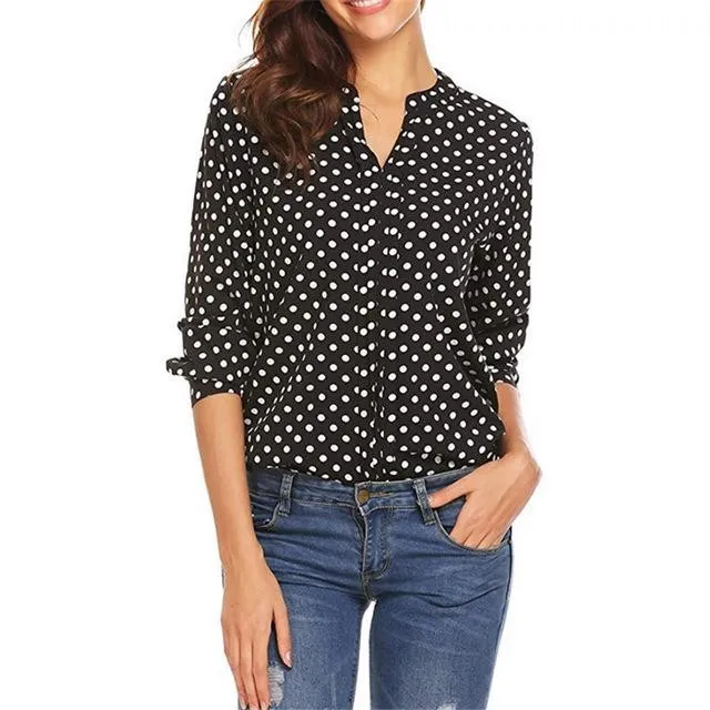 Plus Size Polka Dot Chiffon Blouse Shirts V-neck Long Sleeve Tops