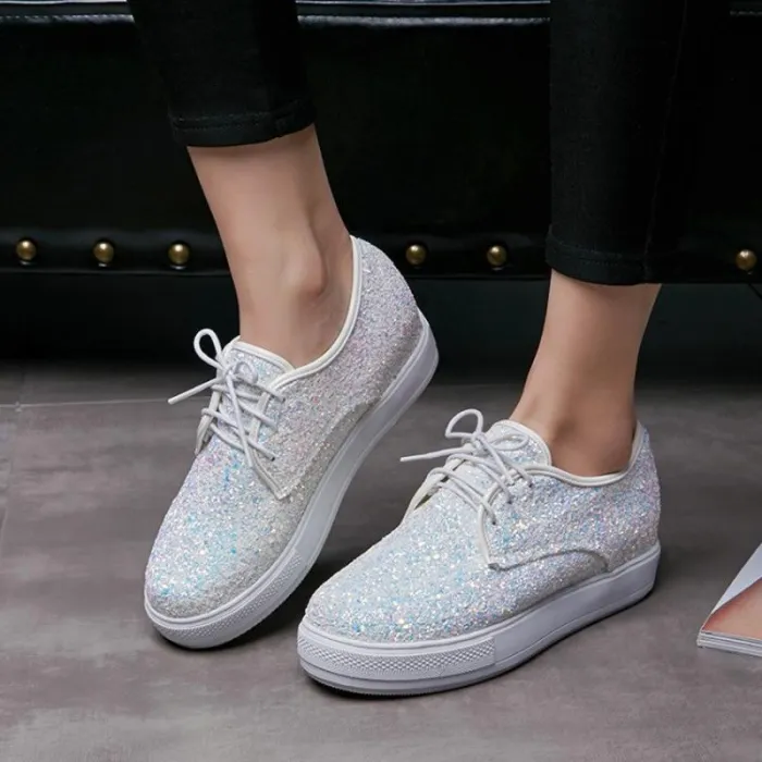 Casual Brisk Paillette Lace-Up Wedges Heels Sneakers