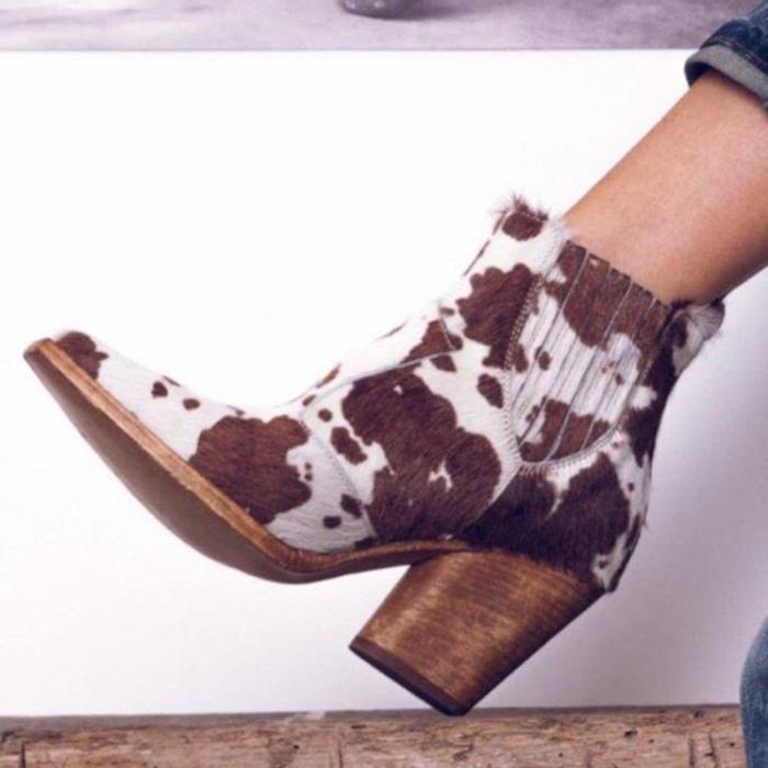 Leopard PU artificial leather chunky heel boots