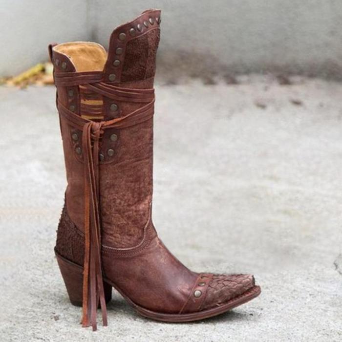 Mid Calf Boots Western Booties Boho V-Open Fringe Shoes