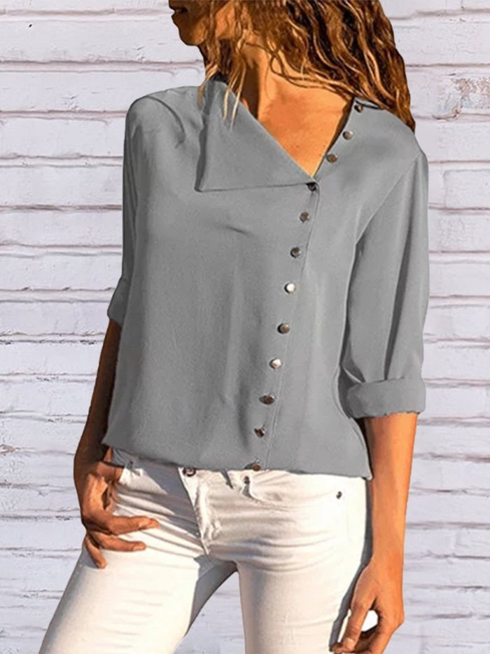 Shift Long Sleeve Casual Solid Buttoned Blouse