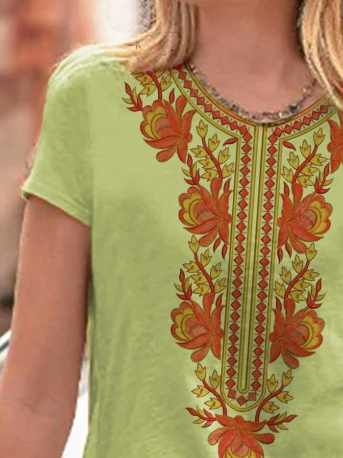 Crew Neck Color-Block Cotton-Blend Short Sleeve Shirts & Tops