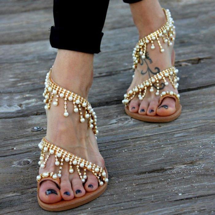 Women Plus Size Imitation Pearls Sandals Casual Slip-On Sandals