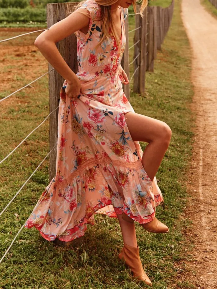 Women Floral Dress V-Neck Holiday Dresses