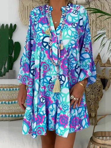 V Neck Buttoned Down Abstracy Printed Dresses
