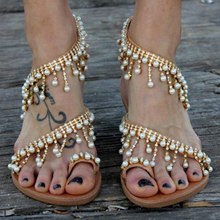 Women Plus Size Imitation Pearls Sandals Casual Slip-On Sandals