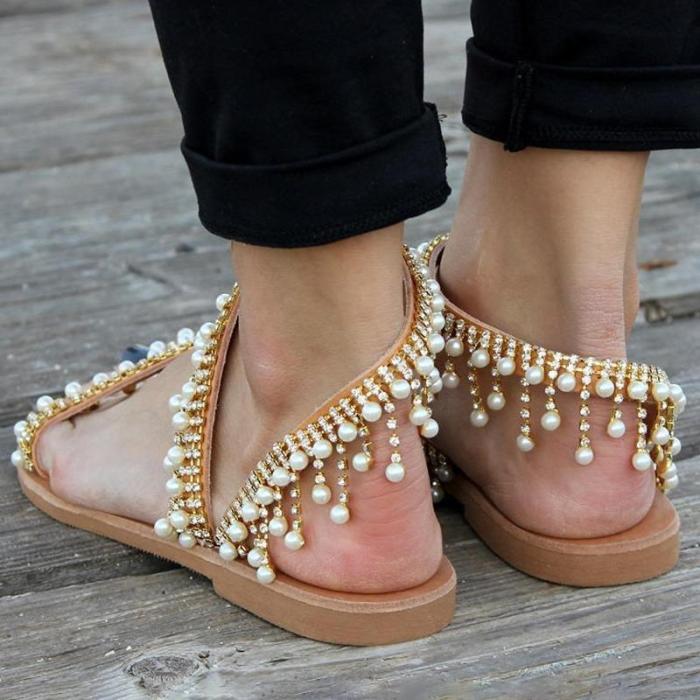 Women Plus Size Imitation Pearls Sandals Casual Slip-On Sandals