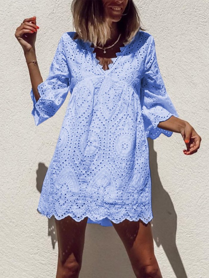 Plus Size Casual V Neck 3/4 Sleeve Dresses