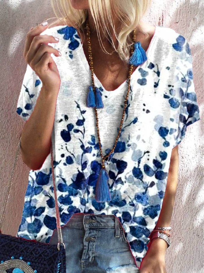 Floral Casual V Neck Cotton-Blend Shirts & Tops