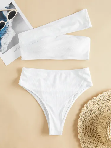 Ribbed Solid Cut Out Off Shoulder Bikini