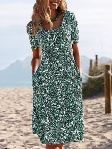 Summer Printed Midi Dress Crew Neck Dresses