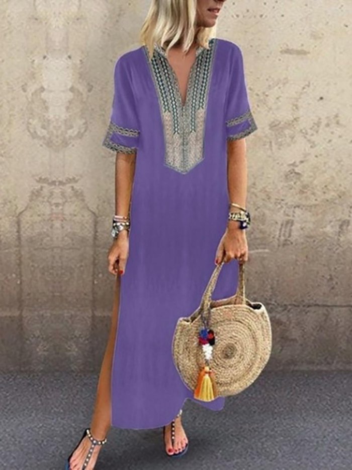 V neck Green Shift Women Daily Statement Half Sleeve Slit Solid Summer Dress