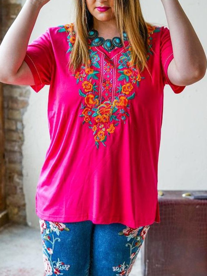Short Sleeve Vintage Printed V Neck Shirts & Tops
