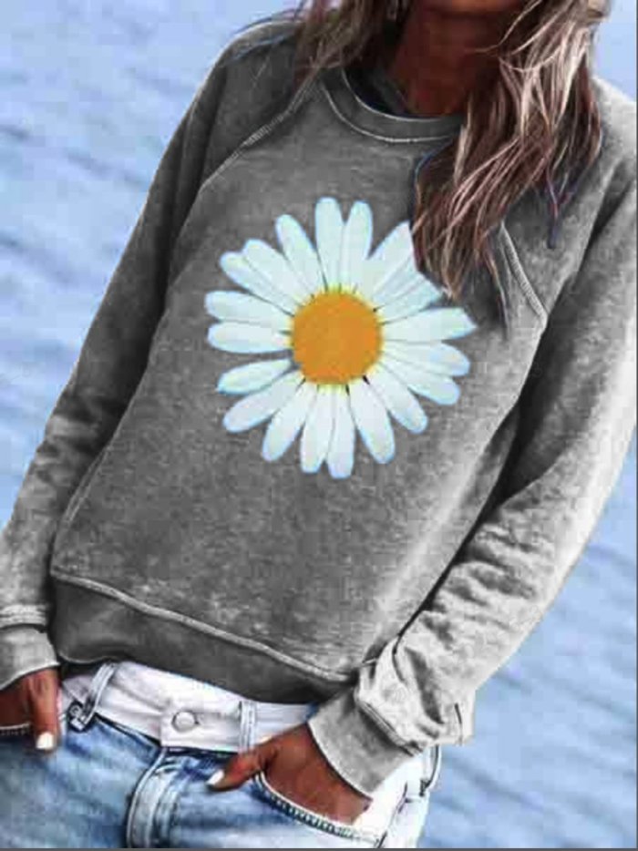 Blue Cotton-Blend Crew Neck Floral Casual Shirts & Tops