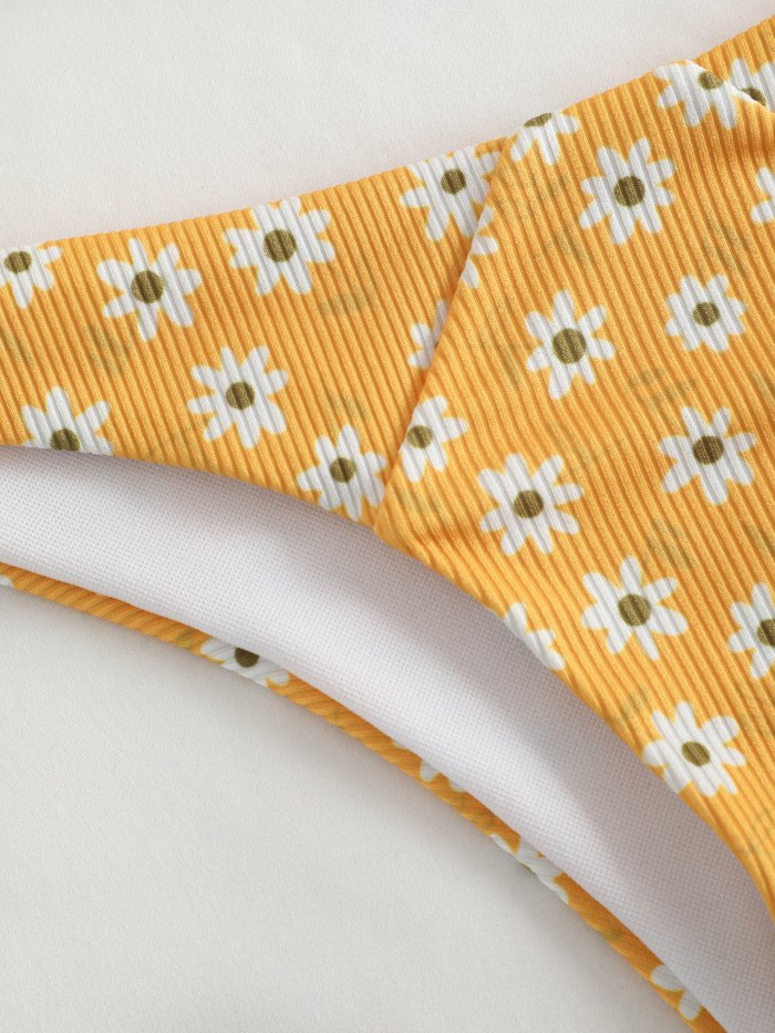 Ribbed Daisy Print Bandeau Bikini