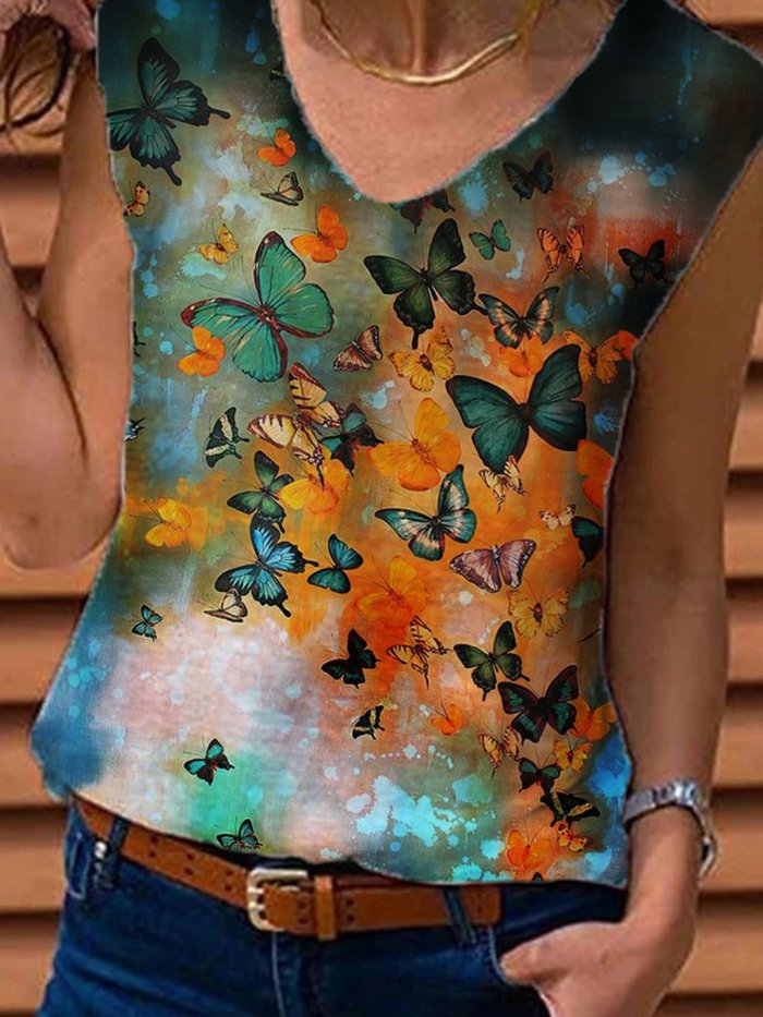 Butterfly Sleeveless V Neck Vintage Shirts & Tops