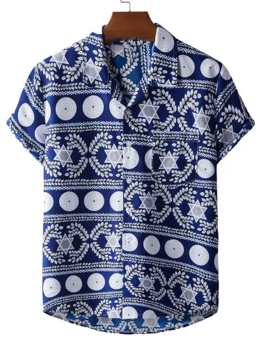 Men's Geometry Print Button Short Sleeve Shirt