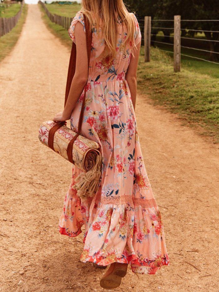 Women Floral Dress V-Neck Holiday Dresses