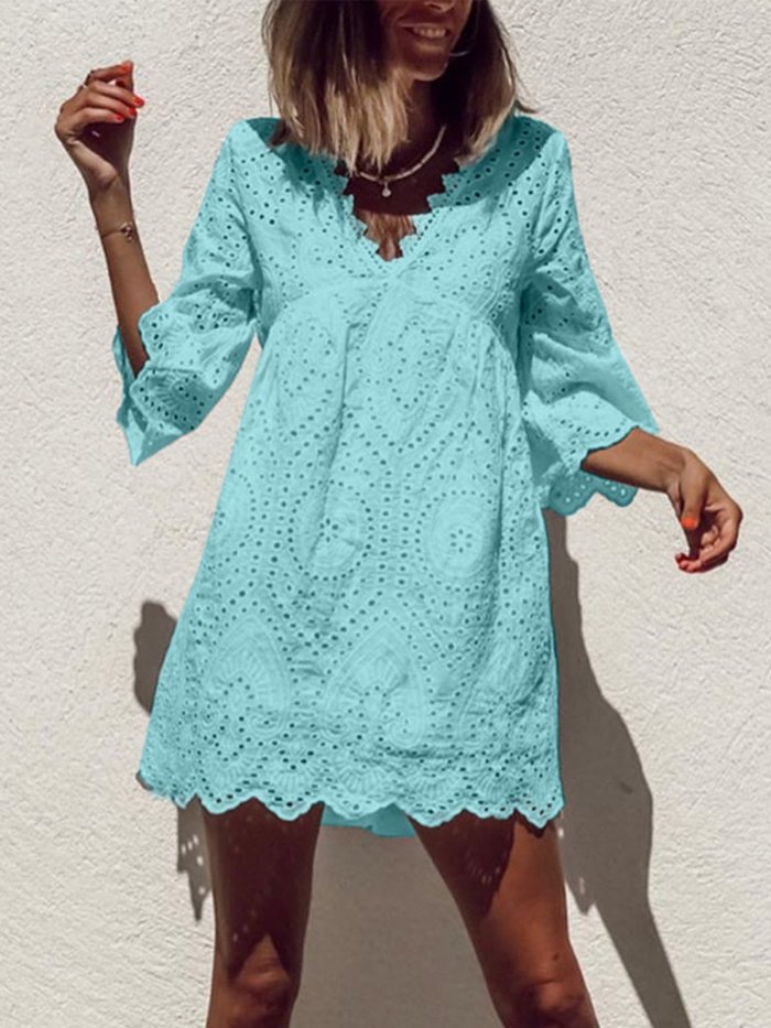 Plus Size Casual V Neck 3/4 Sleeve Dresses