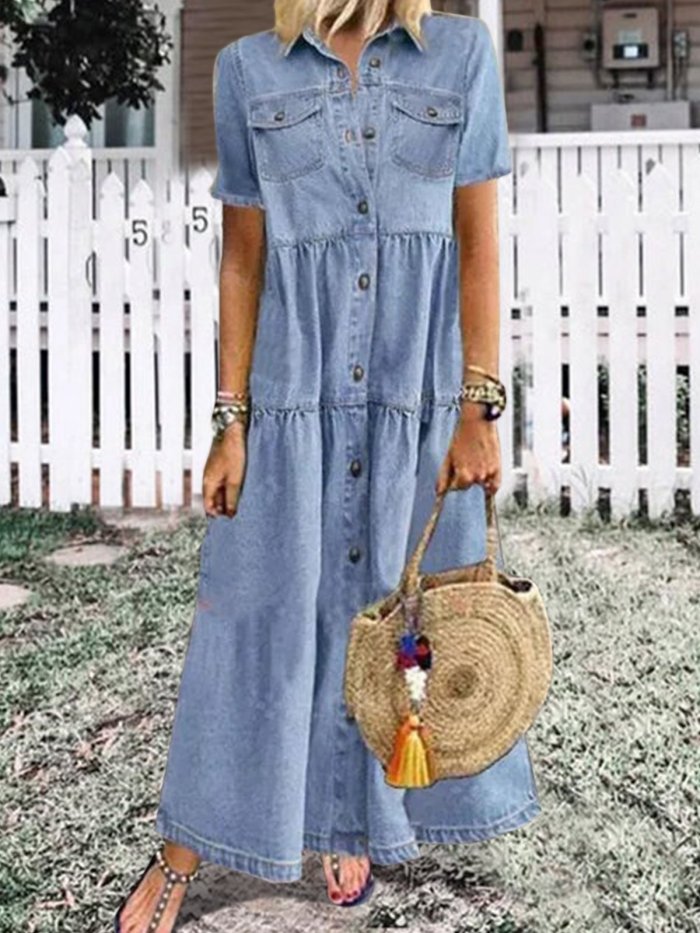 Blue Plain Denim Short Sleeve Shirt Collar Dresses