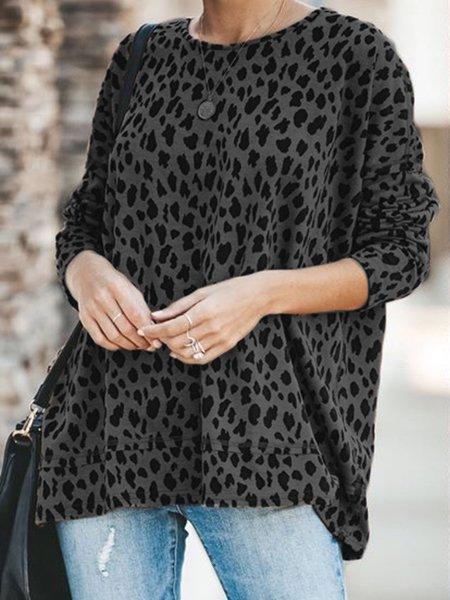 Crew Neck Leopard Print Cotton-Blend Shirts & Tops