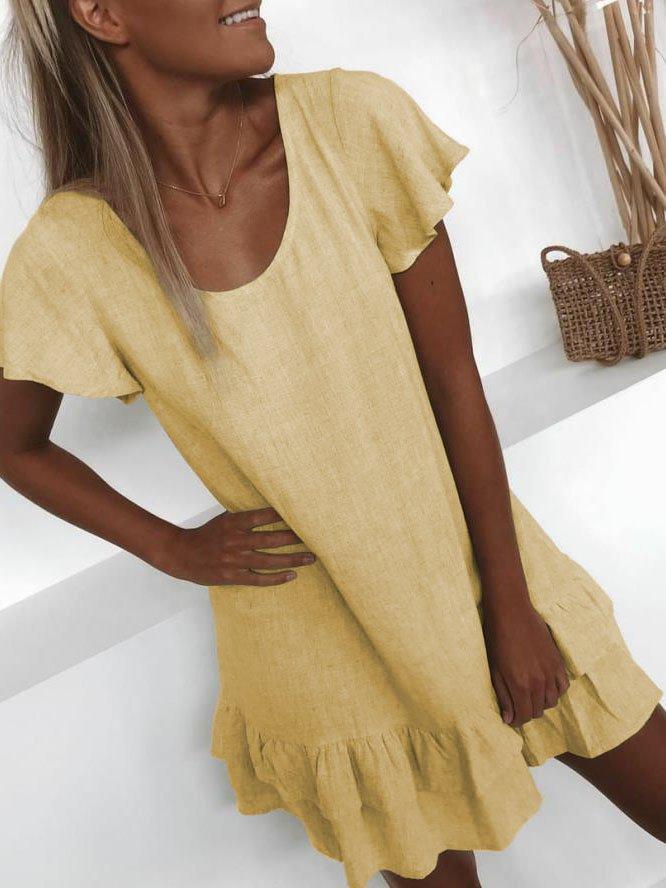 Plus Size Casual U-Neck Solid Short Sleeve Mini Dresses