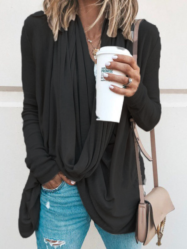 Spring/Fall Cowl Neck Asymmetrical Solid Casual T-Shirts