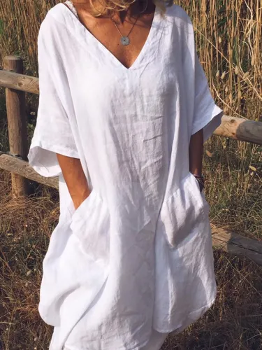 Plus Size V Neck Women Daily Casual Pockets Solid Dresses