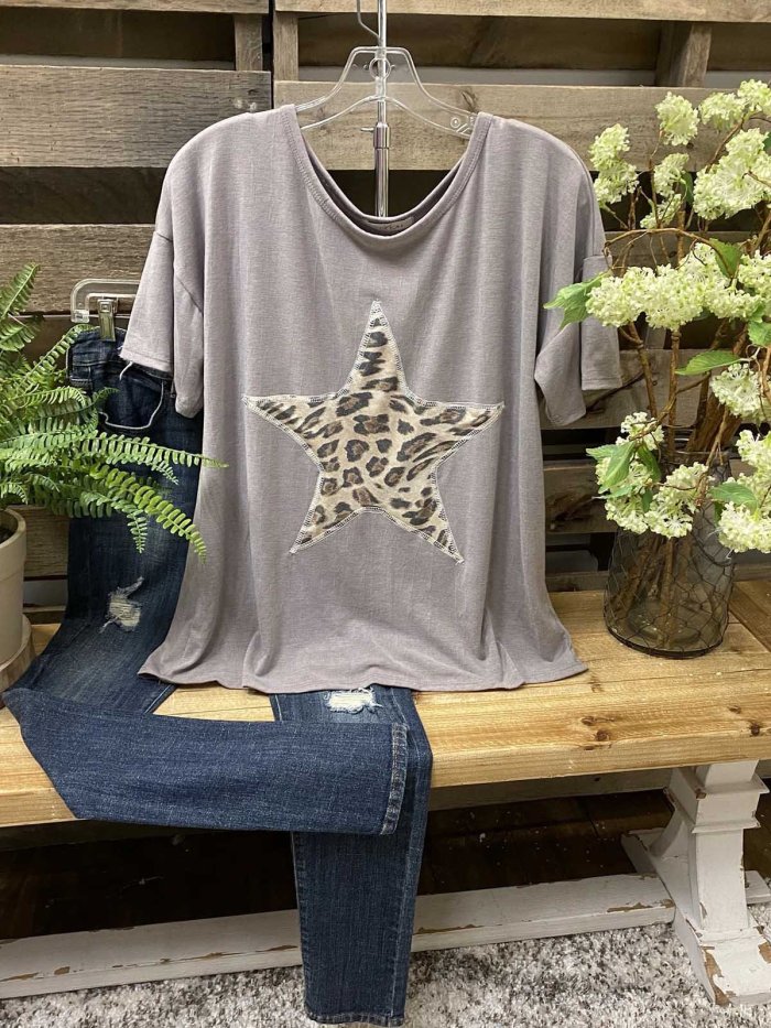 Gray Casual Leopard Shirts & Tops