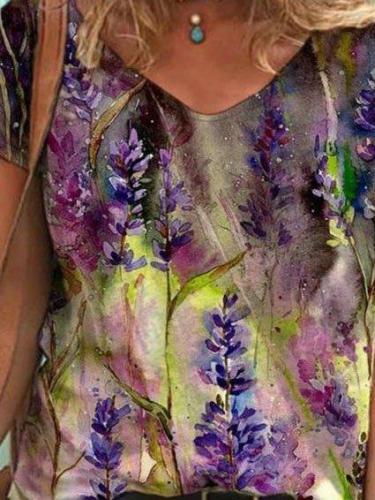 V Neck Floral-Print Short Sleeve Casual Shirts & Tops