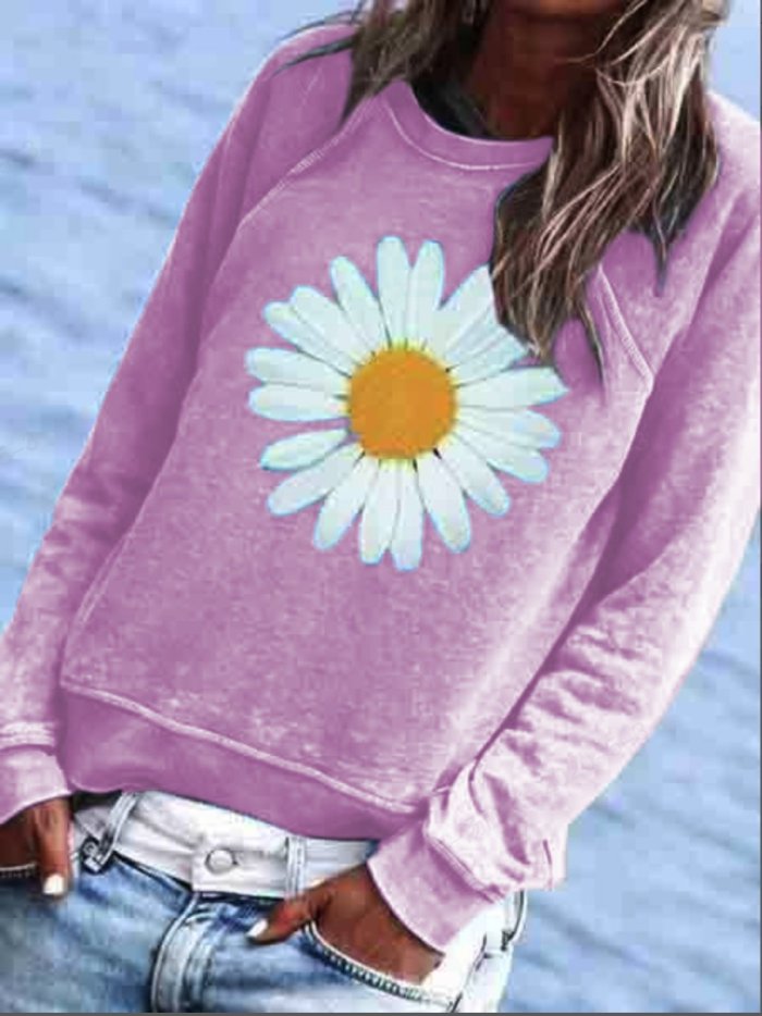 Blue Cotton-Blend Crew Neck Floral Casual Shirts & Tops