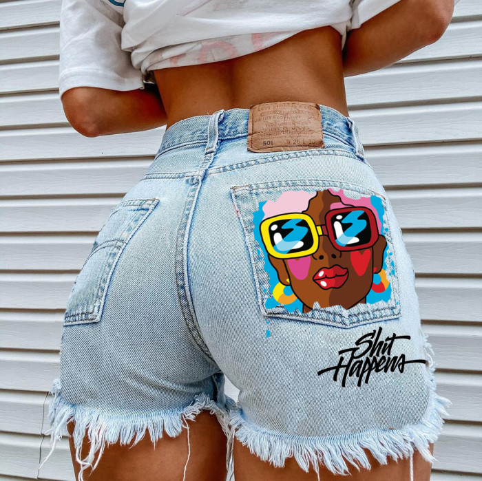 Fashion Wash Blue Jeans shorts glasses