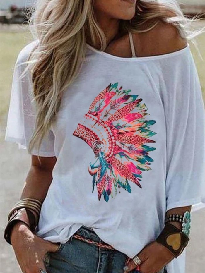 Casual Loose Print Big Round Neck Short Sleeve T-Shirt